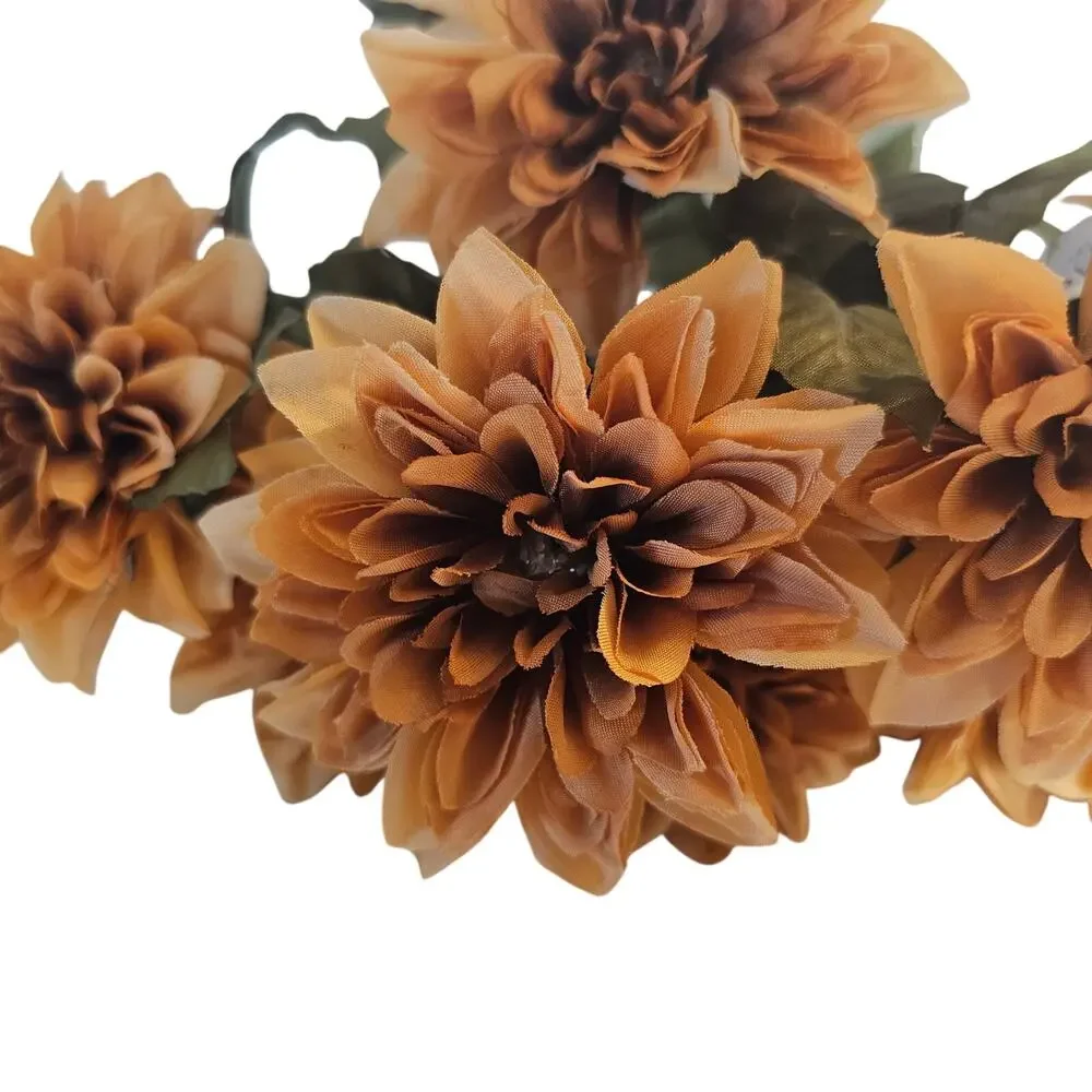 Artificial Tan Mum Flower Bushes Lot 2 15in Silk Chrysanthemum Fall Floral Decor